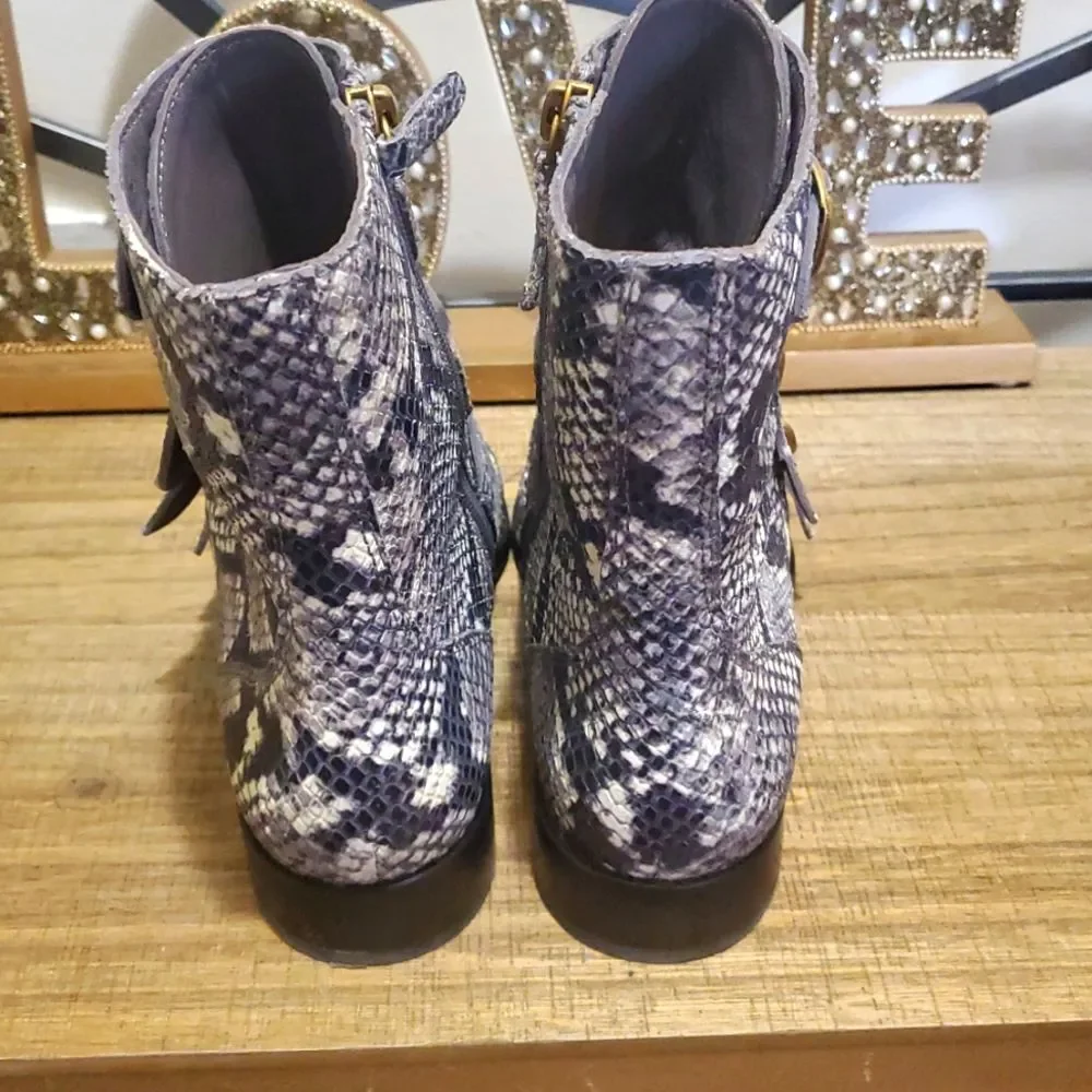J.Crew Women's Multi-Buckle Snake-Embossed Leather Moto Biker Boots Sz 7‎
